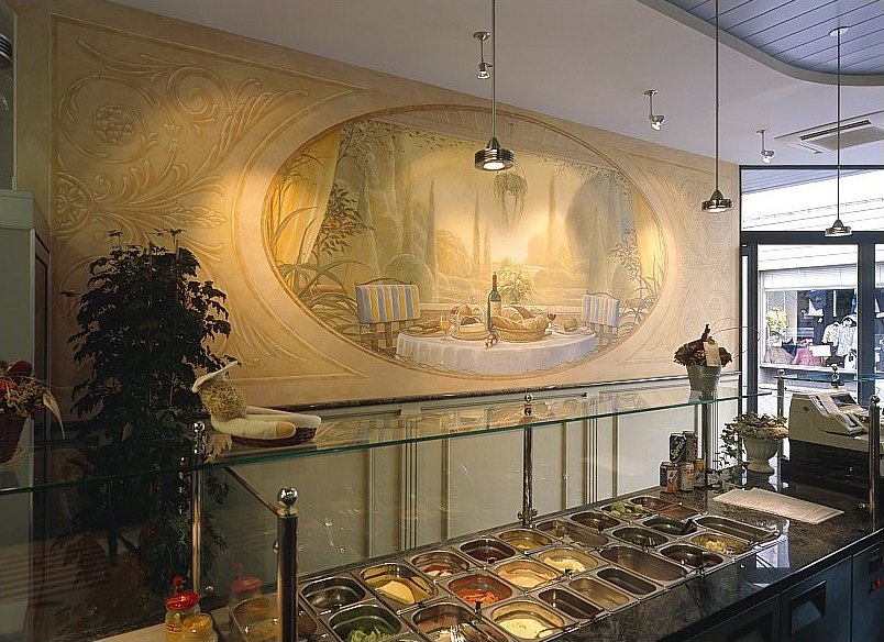 muurschildering in een broodjesbar